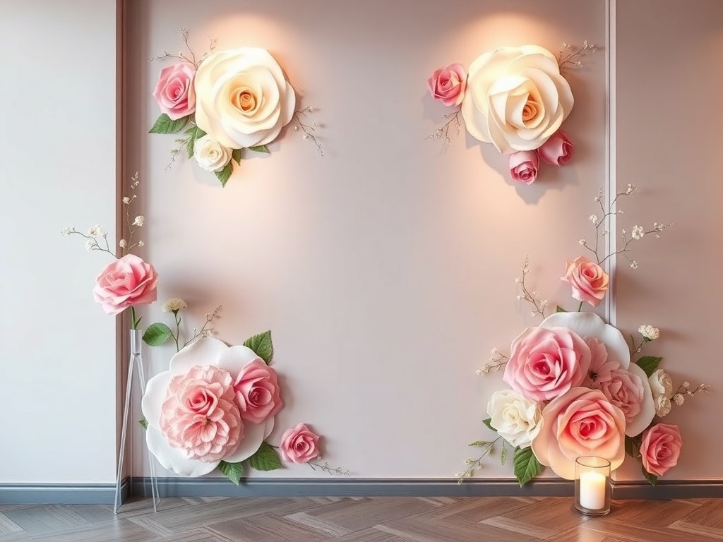 Chic floral wall art featuring large pastel roses and greenery on a soft pink wall.