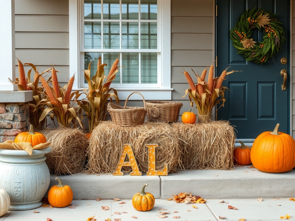 A fall porch decorated with hay bales, corn stalks, pumpkins, and a decorative wreath.