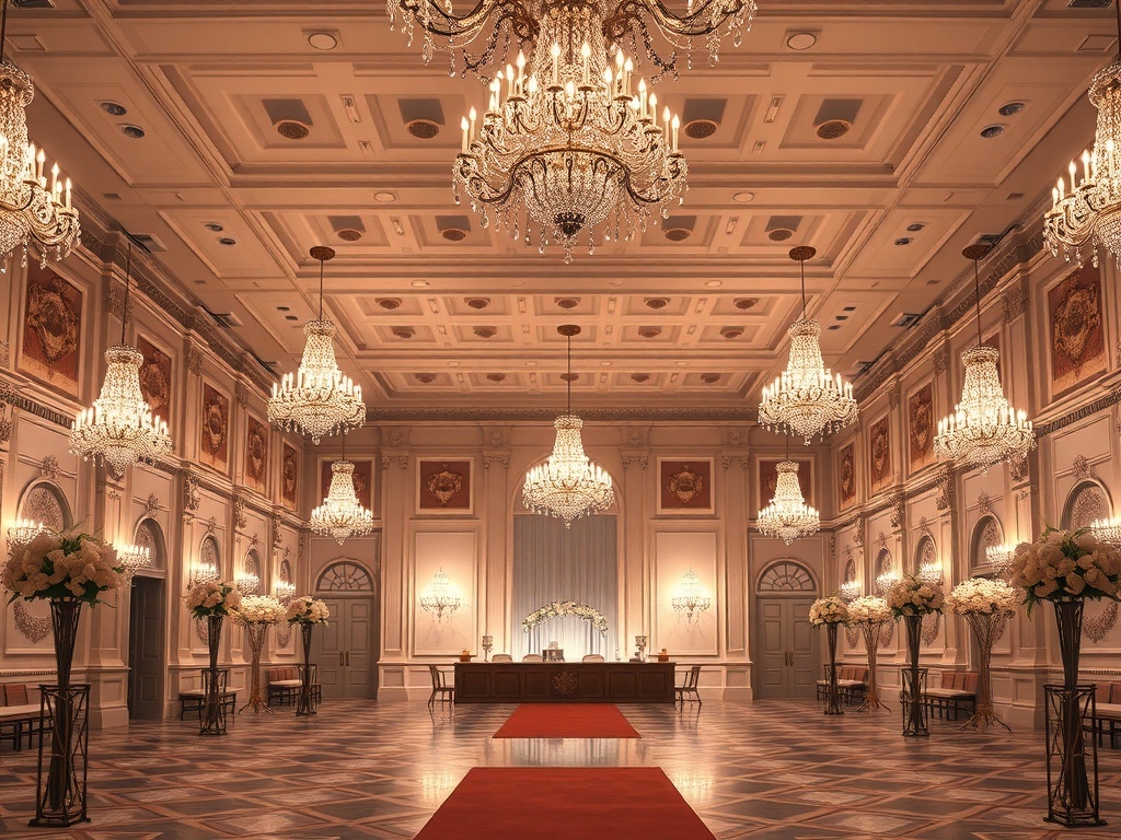 A grand wedding venue with elegant chandeliers and floral arrangements