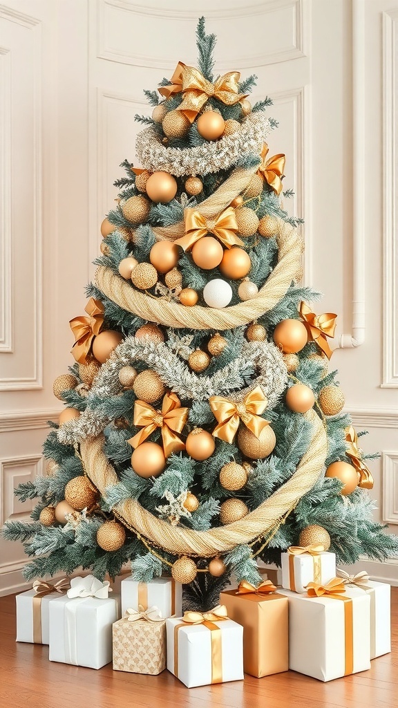 A beautifully decorated Christmas tree with white and gold ornaments, creating a festive atmosphere.