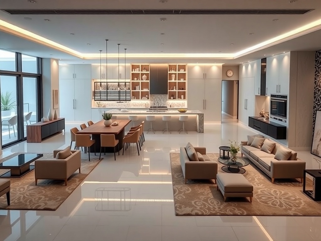 A luxurious open concept kitchen and living area in Dubai, featuring modern furniture and elegant design.
