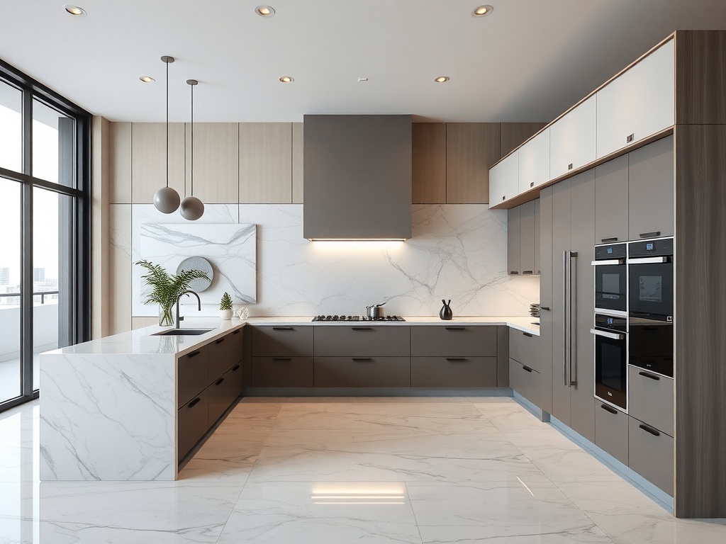 A modern luxury kitchen featuring sleek cabinetry and marble countertops.