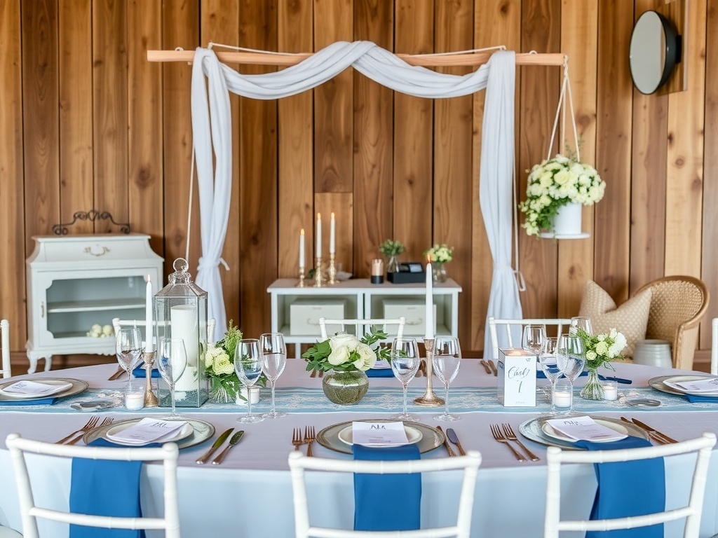 A beautifully decorated wedding setup featuring coastal and nautical themes, with blue walls, white drapery, and elegant table settings.