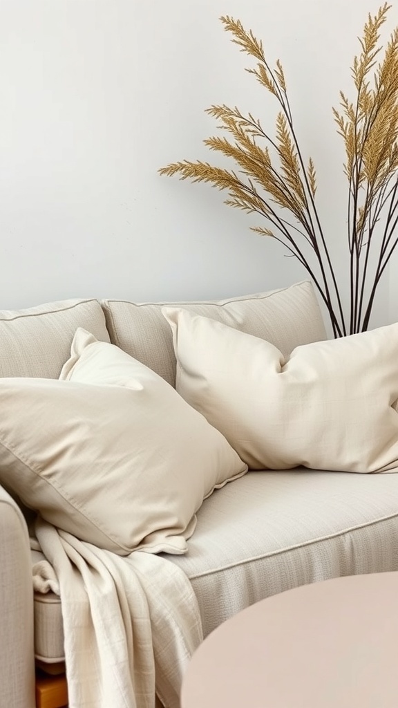 A cozy sofa with soft linen pillows and a throw, complemented by decorative dried plants.