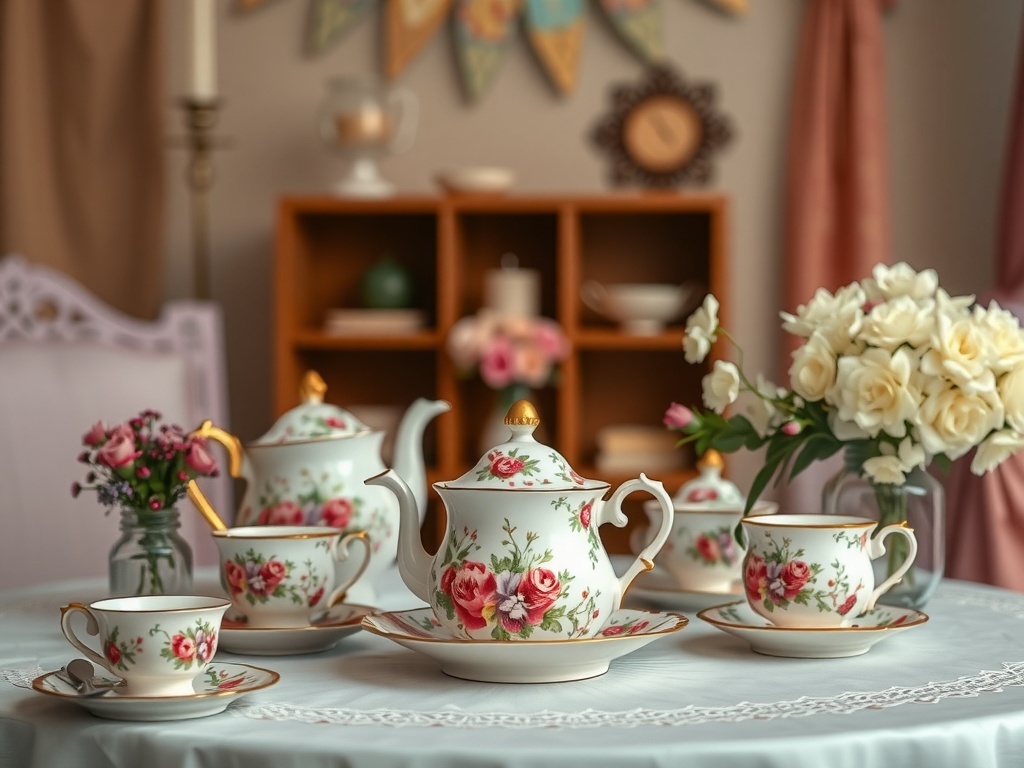 A vintage floral tea set on a table with roses and a soft tablecloth, perfect for a birthday party.