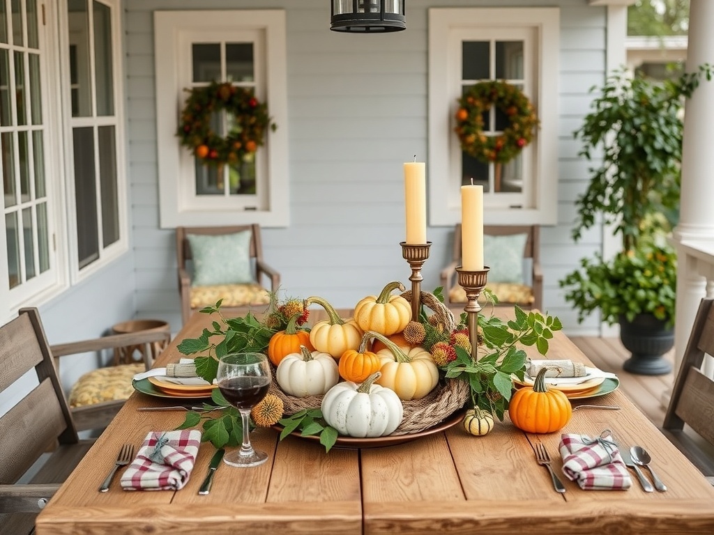 A rustic wooden table decorated with pumpkins, candles, and wine glasses for a fall-themed centerpiece.