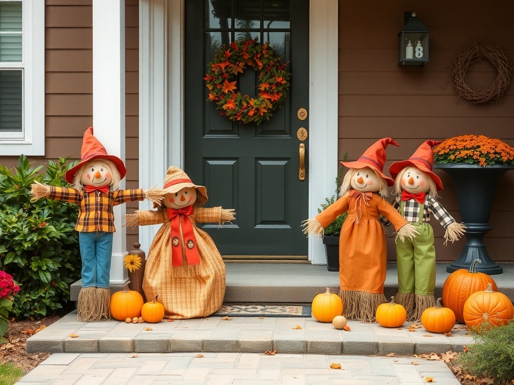 A group of cheerful scarecrow figures on a porch, surrounded by pumpkins and fall decorations.