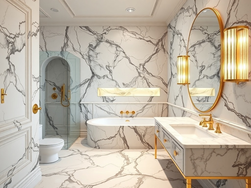 Luxurious marble bathroom with gold accents and elegant fixtures.