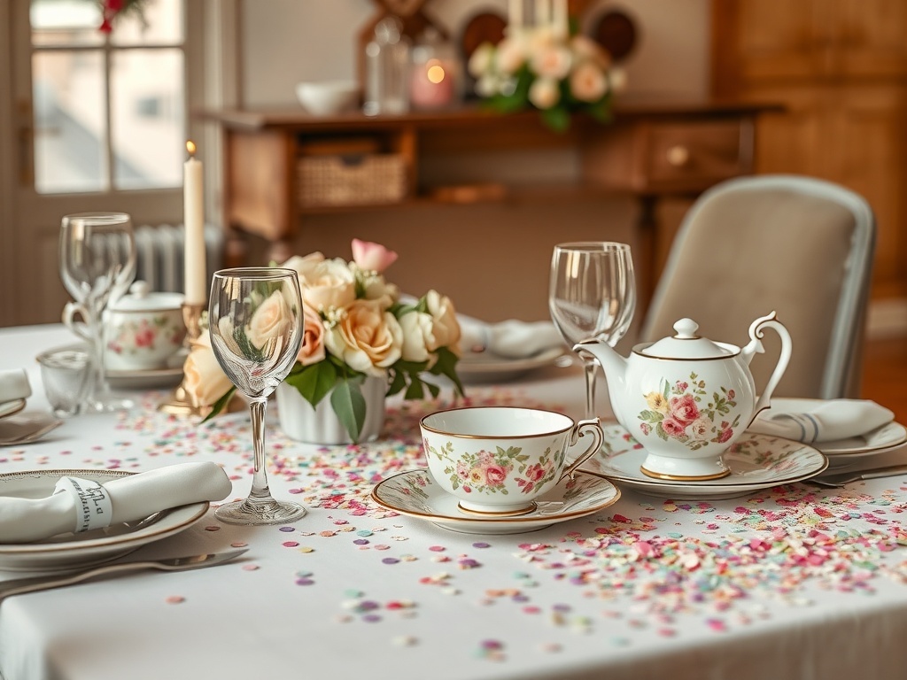Pastel colored confetti scattered on a light blue background