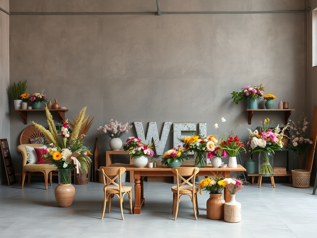 A beautifully arranged floral workshop space with colorful flowers and a welcoming atmosphere.