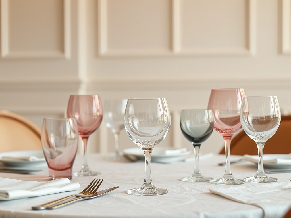 A table set with pastel colored glassware, featuring various shades of pink and blue, creating an elegant atmosphere for a birthday party.