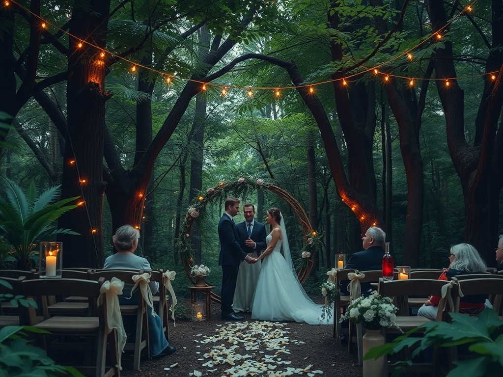 A wedding ceremony in a forest with fairy lights, a floral arch, and guests seated on wooden chairs.