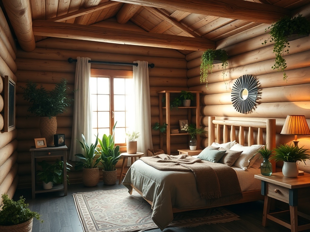 Cozy cabin bedroom with indoor plants and wooden decor