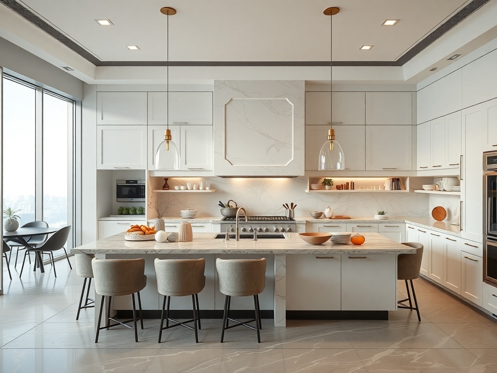 A modern luxury kitchen featuring a large gourmet island with seating, designed for socializing.