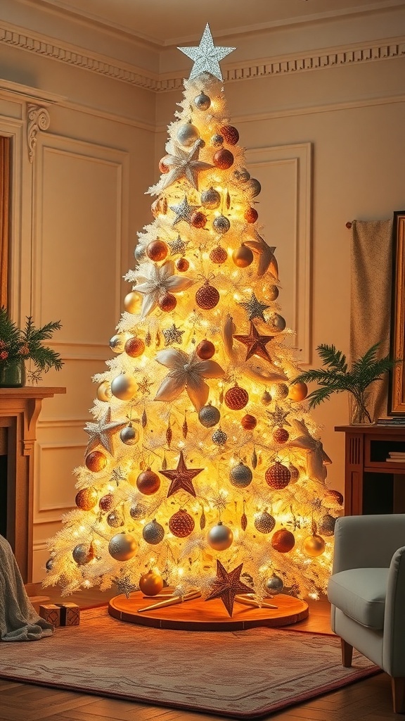 A beautifully decorated Christmas tree with white and gold ornaments, glowing lights, and a cozy holiday atmosphere.