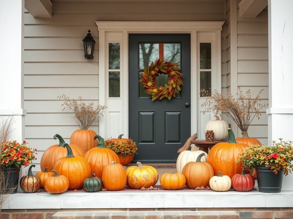 A cozy fall porch decorated with various pumpkins, a wreath, and seasonal flowers.