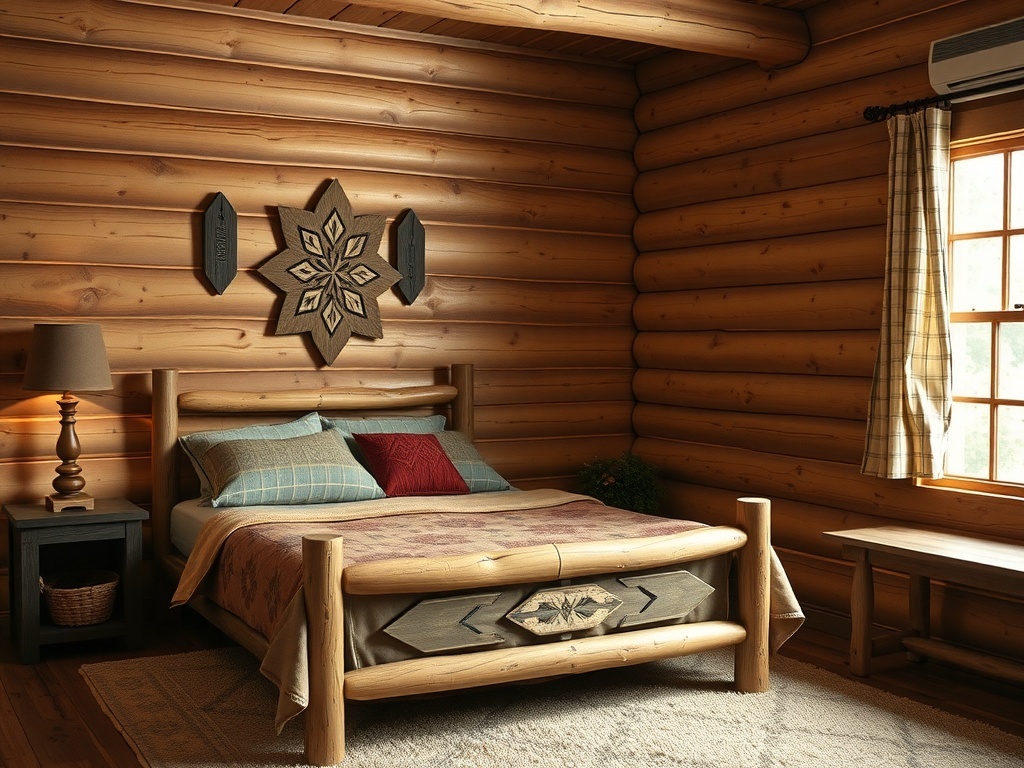 Cozy cabin bedroom with rustic wood accents, featuring log walls, a wooden bed frame, and warm textiles.