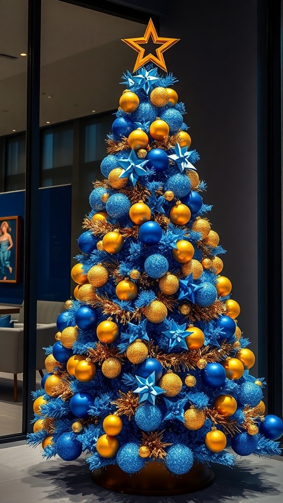 A Christmas tree decorated with blue and gold ornaments, featuring a star on top.
