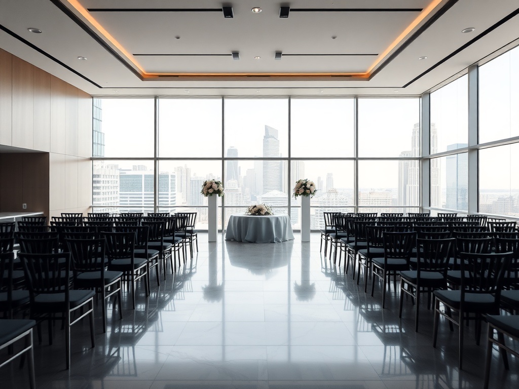 A modern wedding venue with floor-to-ceiling windows, black chairs, and a floral centerpiece.