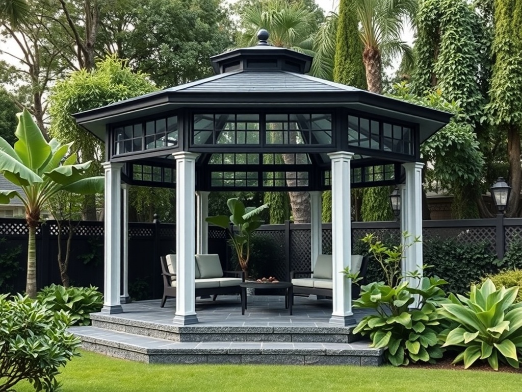 A modern two-level gazebo with black and white design and glass walls, surrounded by greenery.