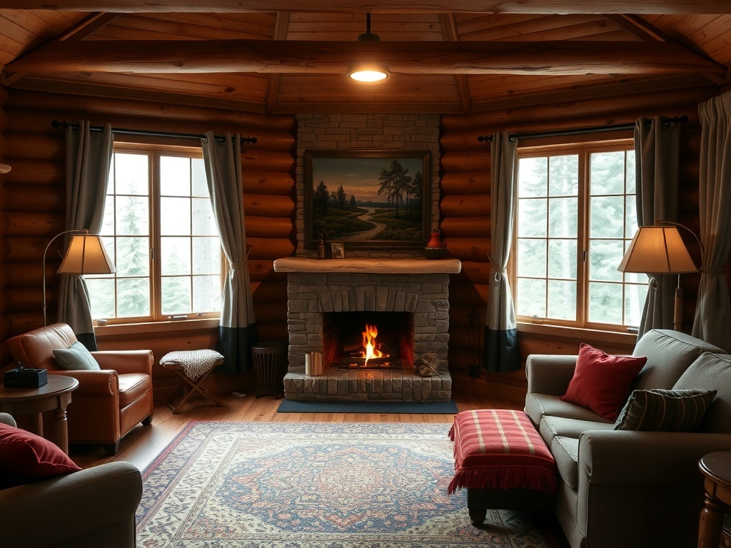 Cozy cabin bedroom with a stone fireplace, wooden walls, and comfortable seating.