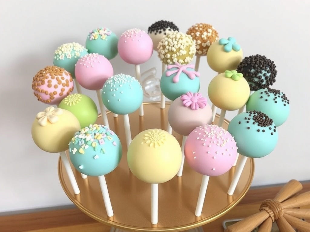 Pastel colored cake pops in mint green, pink, and yellow with colorful sprinkles on a decorative stand.