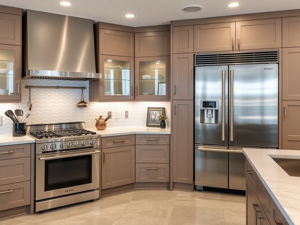 A modern luxury kitchen with stainless steel appliances and elegant cabinetry.