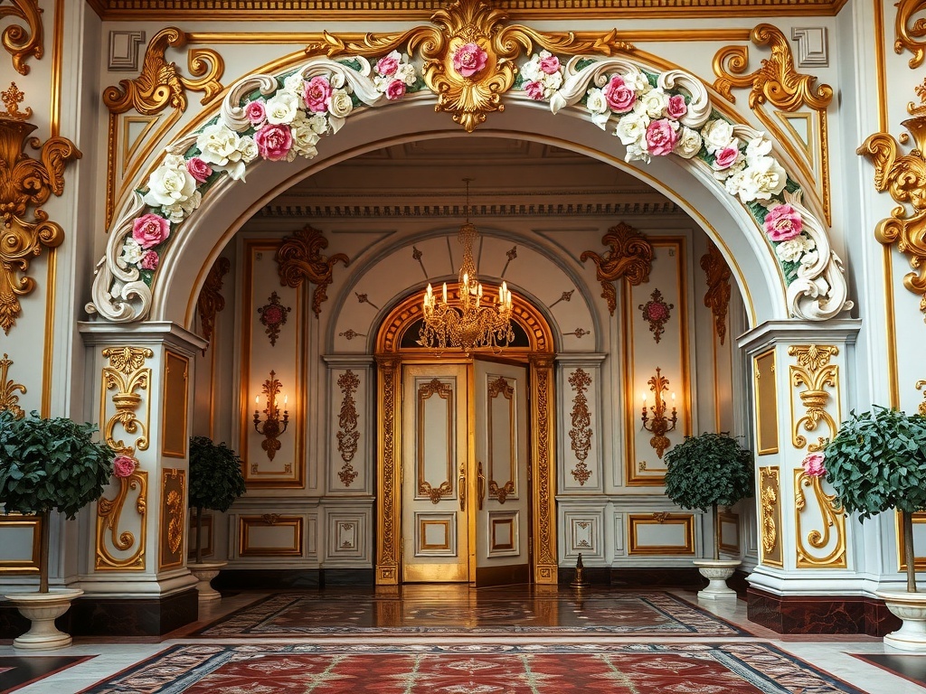 An ornate wedding entrance with floral decorations and a chandelier.