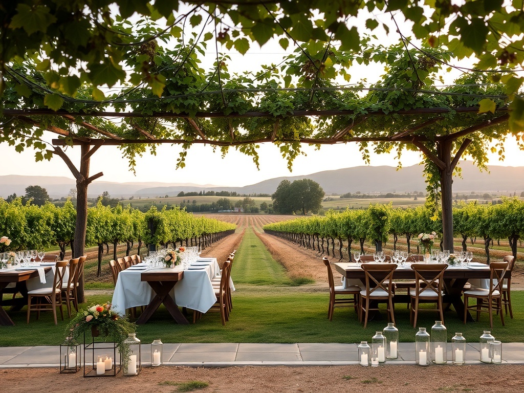 A charming vineyard setting for a wedding with tables set under a pergola and lush green vines.