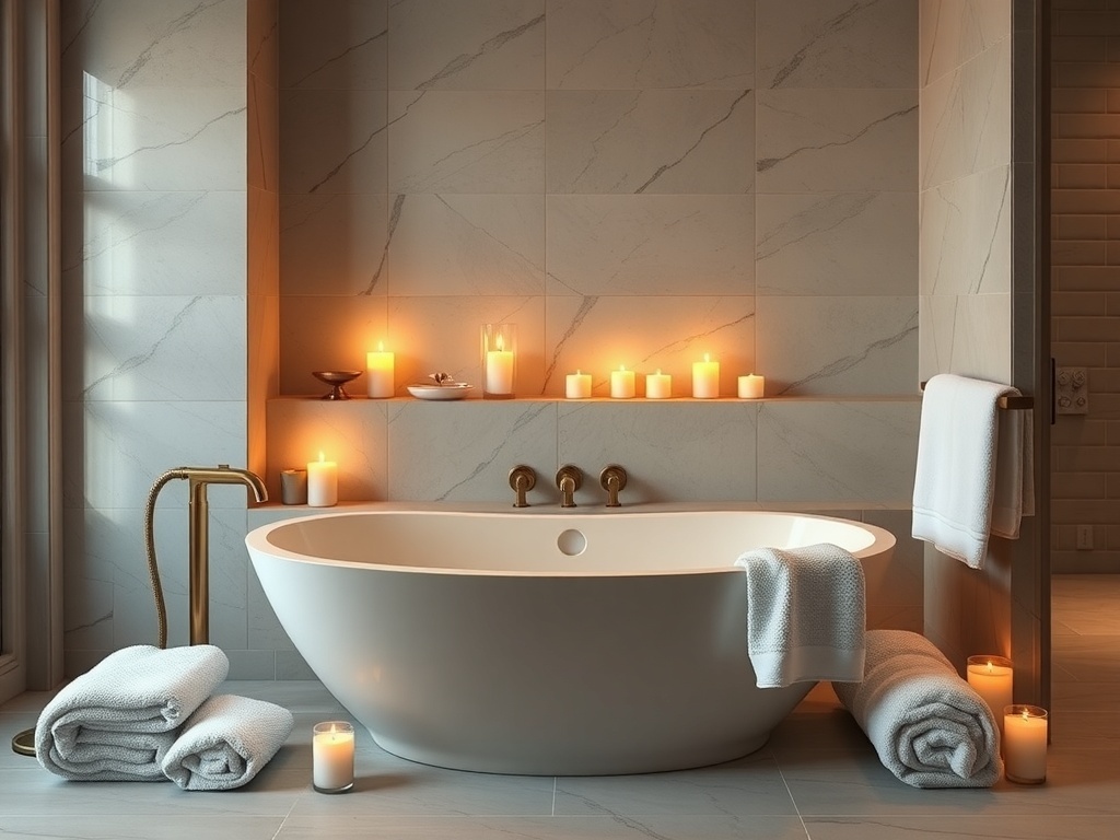 A luxurious bathroom featuring a modern tub, candles, and soft towels.