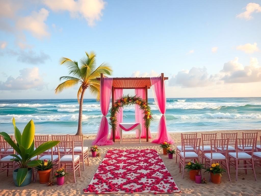 A beautiful beach wedding setup with an arch, pink drapes, and floral decorations.