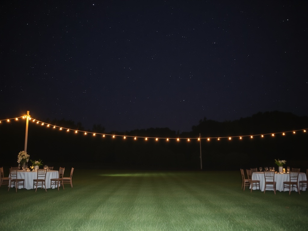 An outdoor wedding setup in an open field at night, with tables and string lights under a starry sky.