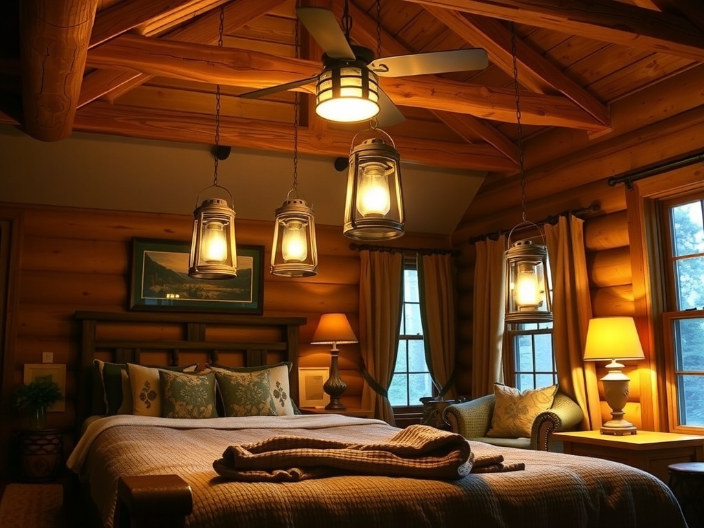 Cozy cabin bedroom with vintage lantern lighting