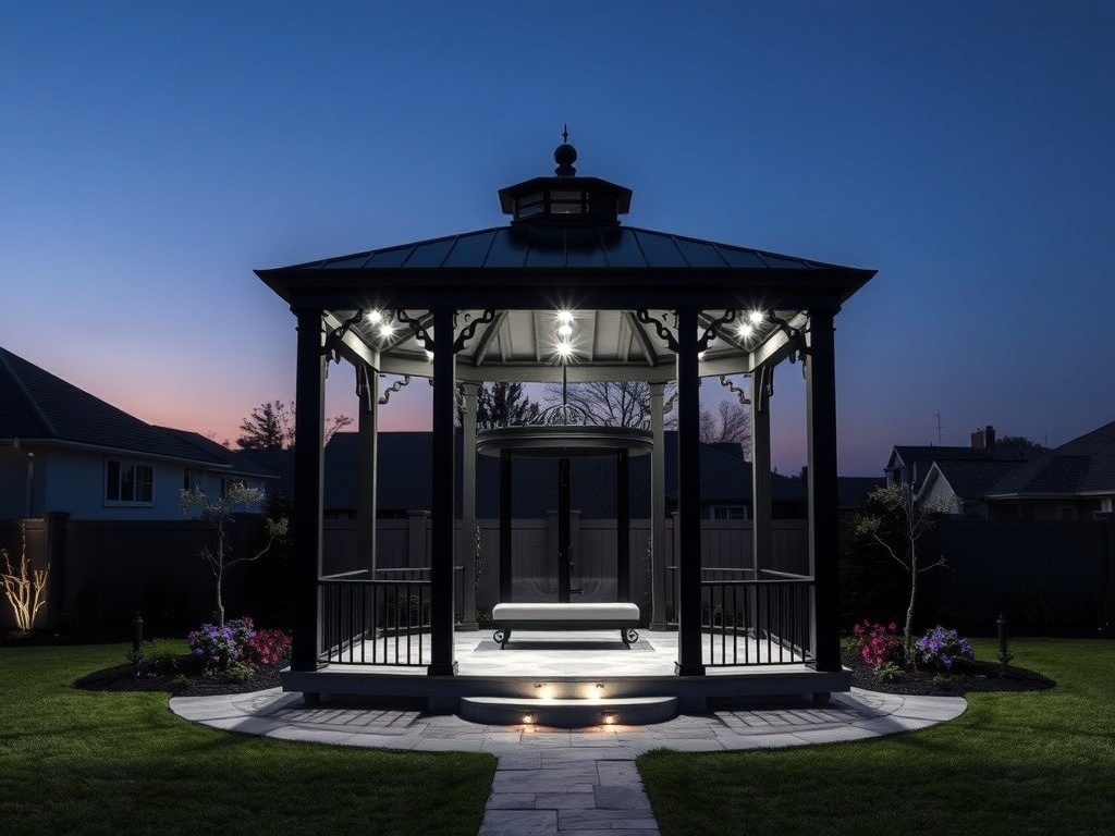 Modern two-level gazebo with integrated lighting in a luxury backyard
