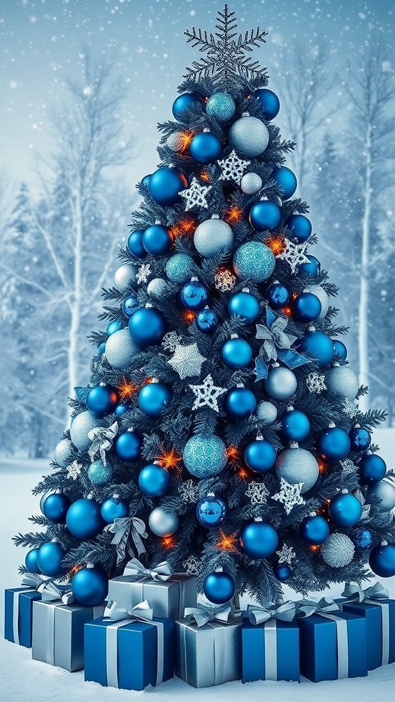 A beautifully decorated Christmas tree with blue ornaments in a snowy setting.