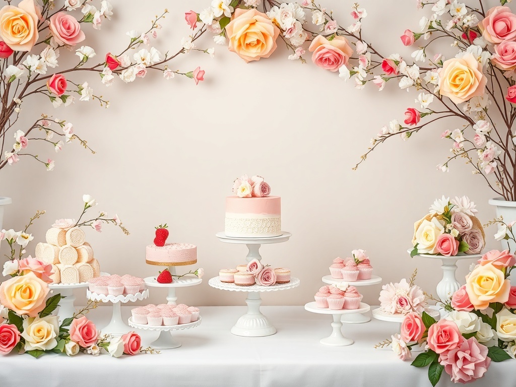 A pastel-themed dessert table featuring cakes, cupcakes, and floral decorations.