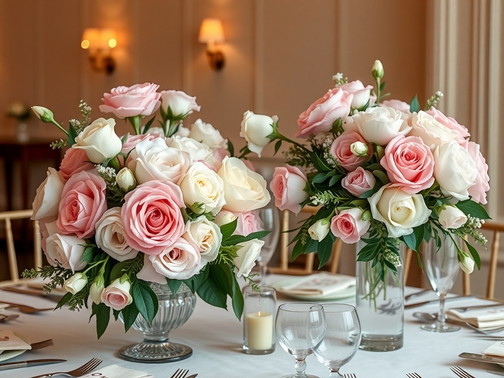 Elegant floral centerpieces with pastel roses in silver and glass vases