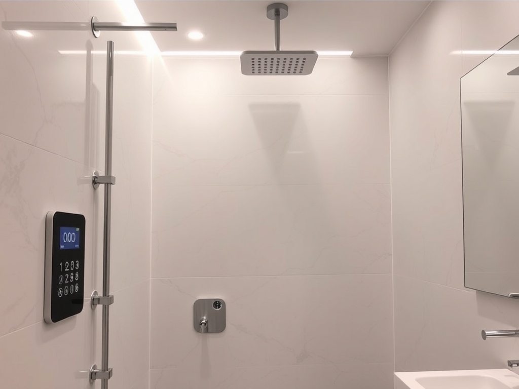A luxurious bathroom featuring a touchscreen control panel and a sleek shower design.