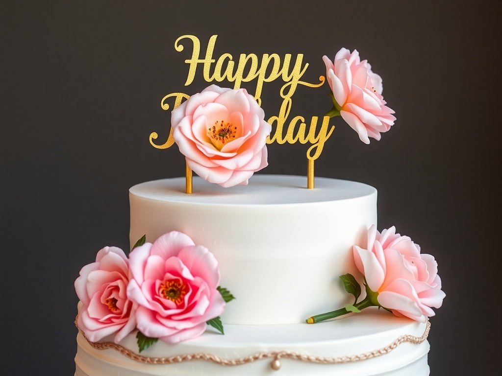 Floral-themed cake topper with 'Happy Birthday' sign and pastel flowers on a white cake.