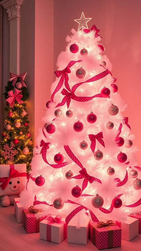 A pink and white Christmas tree decorated with ornaments and ribbons, surrounded by gifts.