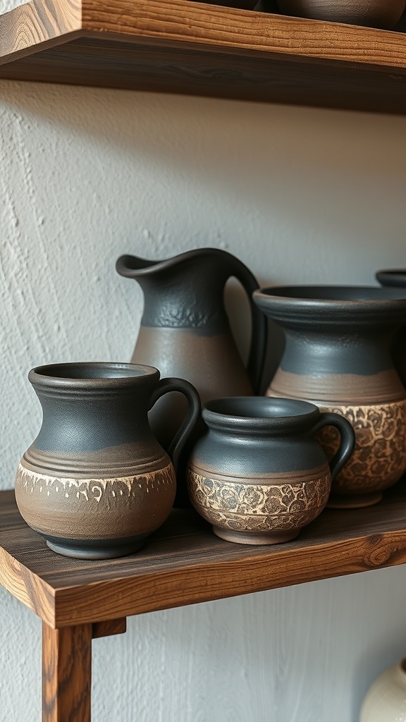A collection of textured clay pottery displayed on wooden shelves.