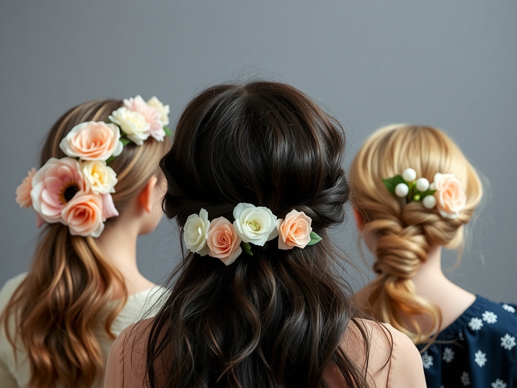 Three girls with floral hair accessories in pastel colors