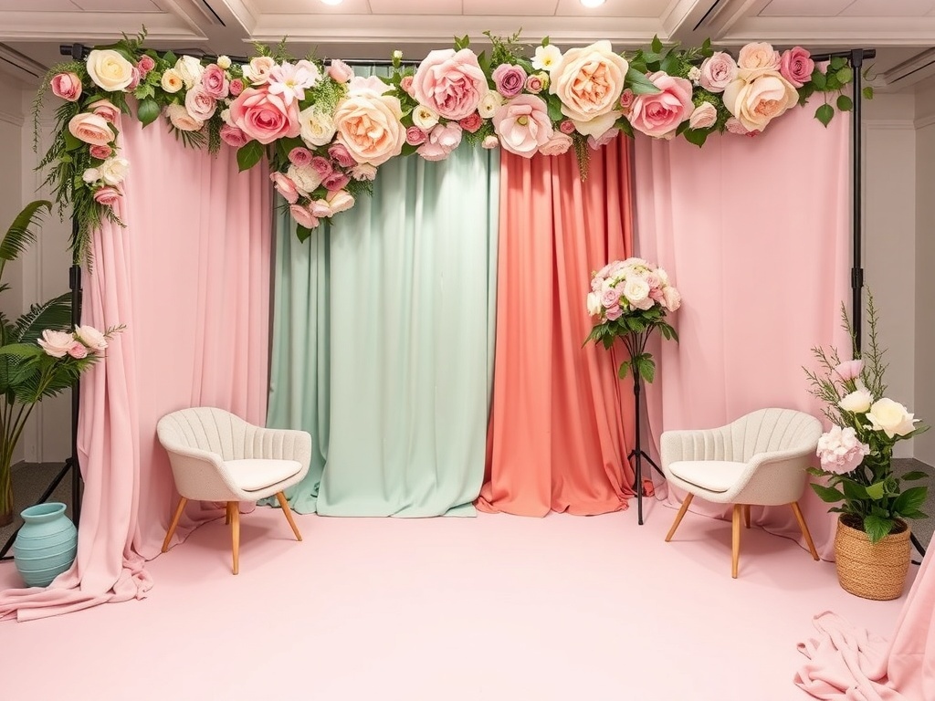 Floral-themed photo booth with pastel flowers and seating area