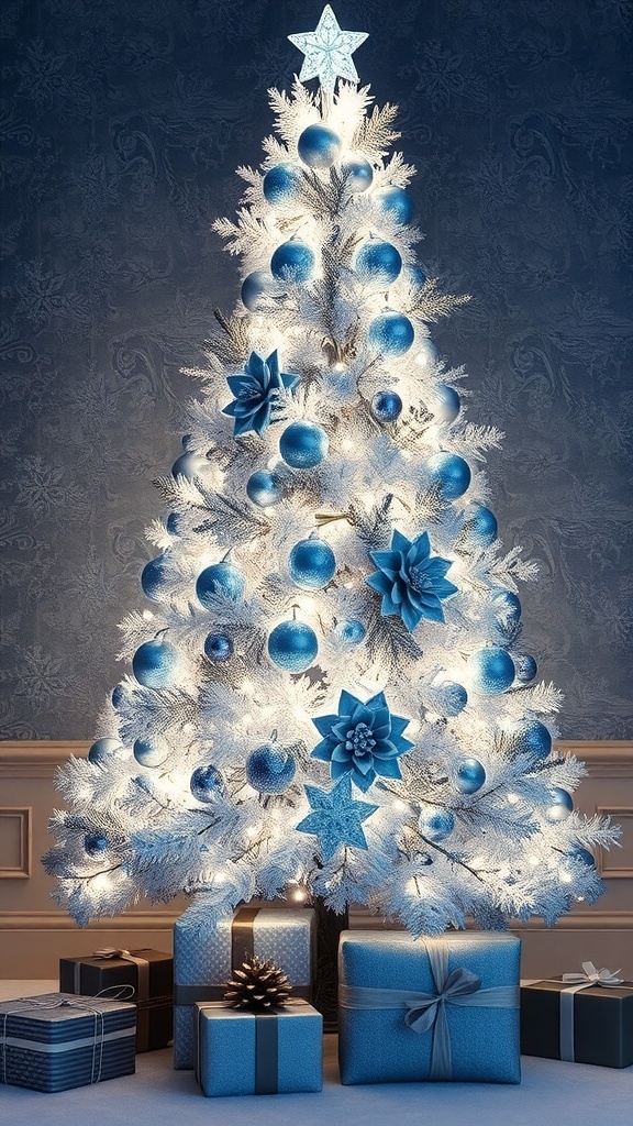 A frosty blue Christmas tree adorned with silver ornaments and snowflake decorations.