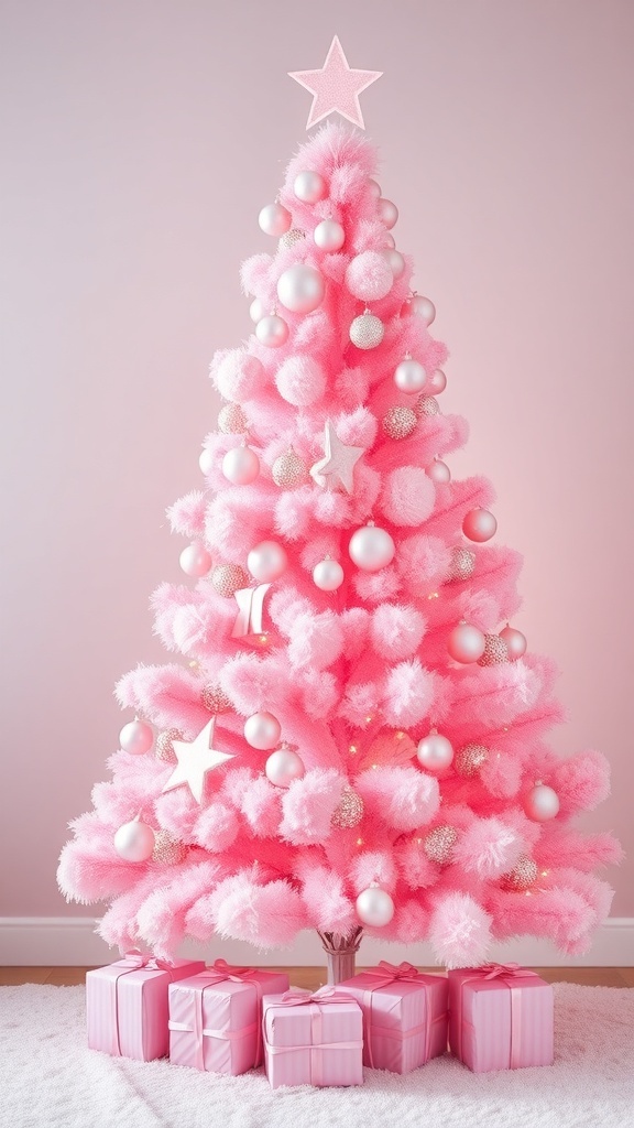 A pink Christmas tree decorated with ornaments and lights, creating a whimsical holiday atmosphere.