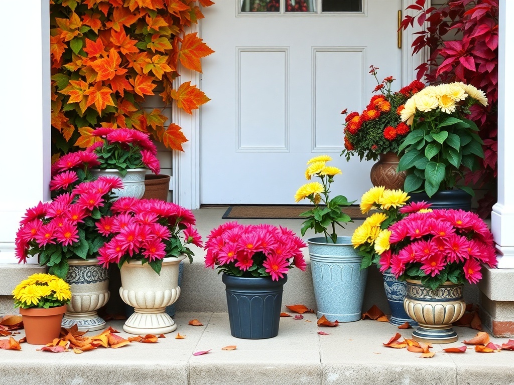 Colorful mums in decorative pots on a porch with autumn leaves