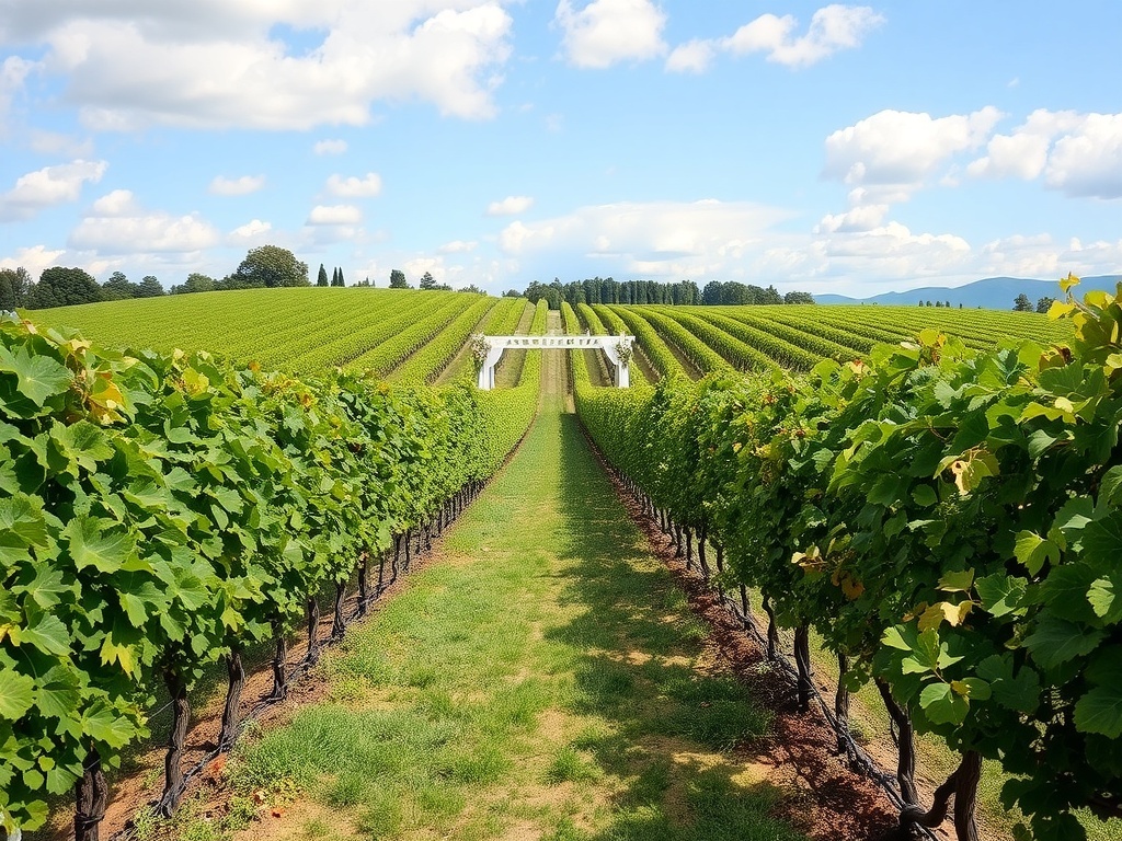 A beautiful vineyard with rows of grapevines under a blue sky.