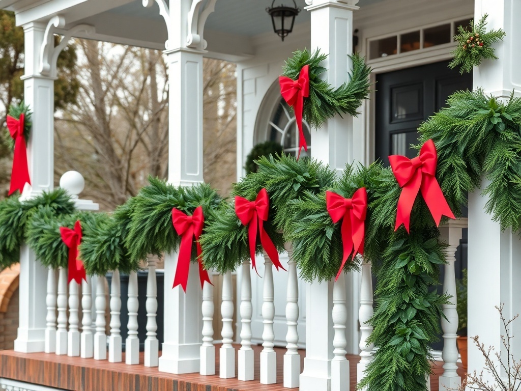 Garlands with red bows draped on white railings