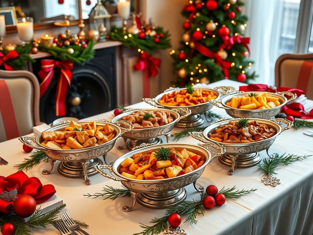 An elegant Christmas dinner table setting with various serving dishes filled with festive food.