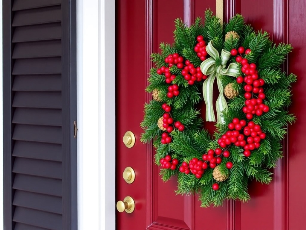A festive Christmas wreath on a door, featuring green foliage, red berries, and a large red bow.